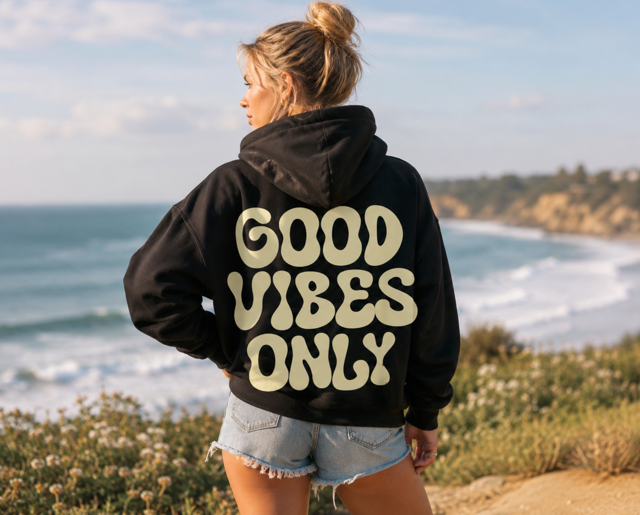 GOOD VIBES ONLY - Large Back Print - Oversized Heavyweight Hoodie - Black/Yellow