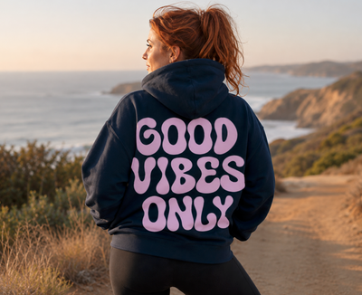 GOOD VIBES ONLY - Large Back Print - Oversized Heavyweight Hoodie (Pink Print)