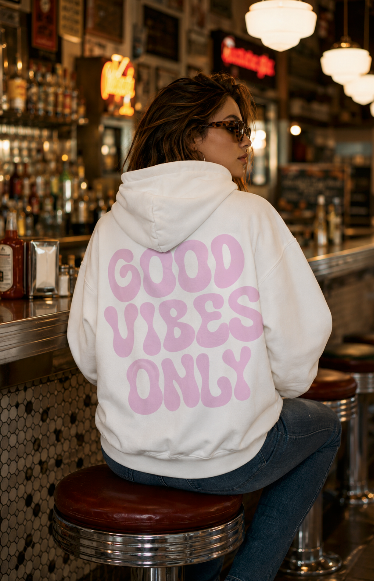 GOOD VIBES ONLY - Large Back Print - Oversized Heavyweight Hoodie (Pink Print)